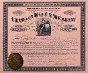 Oregon Gold Mining Stock Certificate