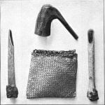 Ojibway hammer, bag, and two skin-dressing tools.