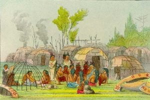 Catlin, George - 334, Chippeway Village and Dog Feast at the Falls of St. Anthony; lodges build with birch-bark: Upper Mississippi