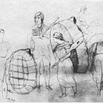 Hidatsa group with bull-boats. At Fort Berthold, July 13, 1851 - From Kurz's Sketchbook