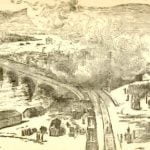 The wrecked houses burning at the Pennsylvania Railroad Bridge