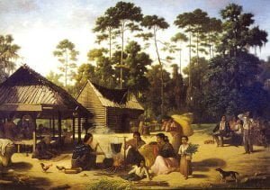 Choctaw Village near the Chefuncte, The women appear to be making dye to color the strips of cane beside them, by François Bernard, 1869