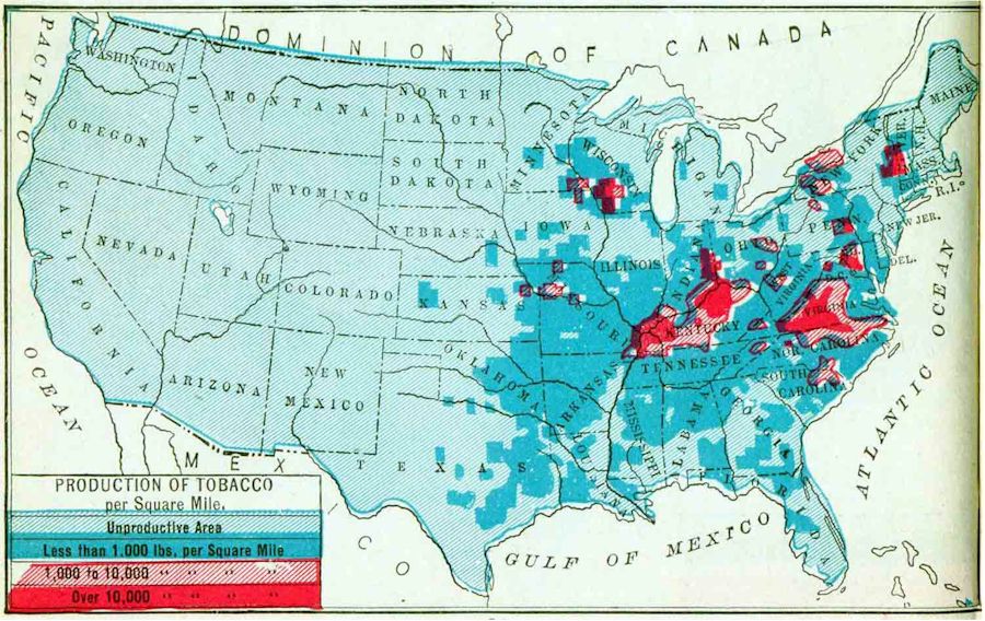 Map of the Production of Tobacco, per square mile, 1910 | Access Genealogy