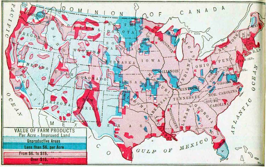Map of the Value of Farm Products, Improved land, 1910 | Access Genealogy