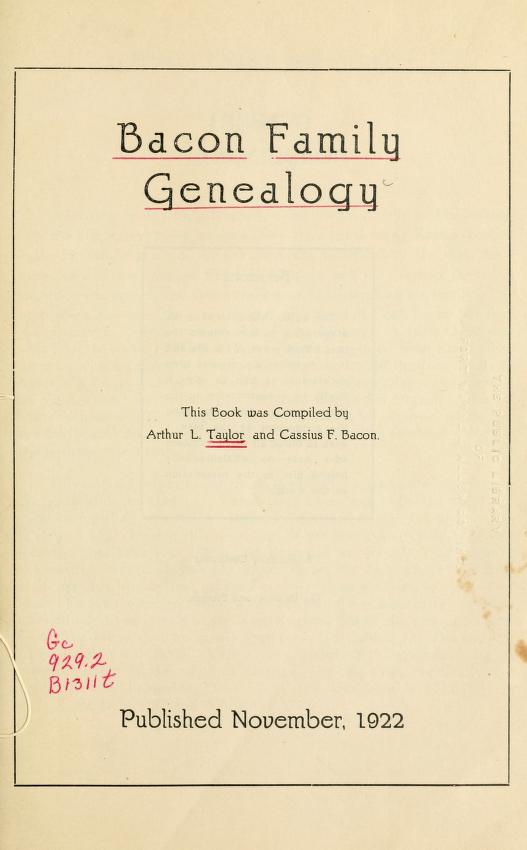 Title page to the Bacon Family Genealogy