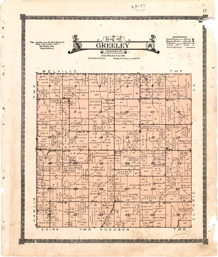 1921 Farm Map of Greeley Township, Audubon County, Iowa