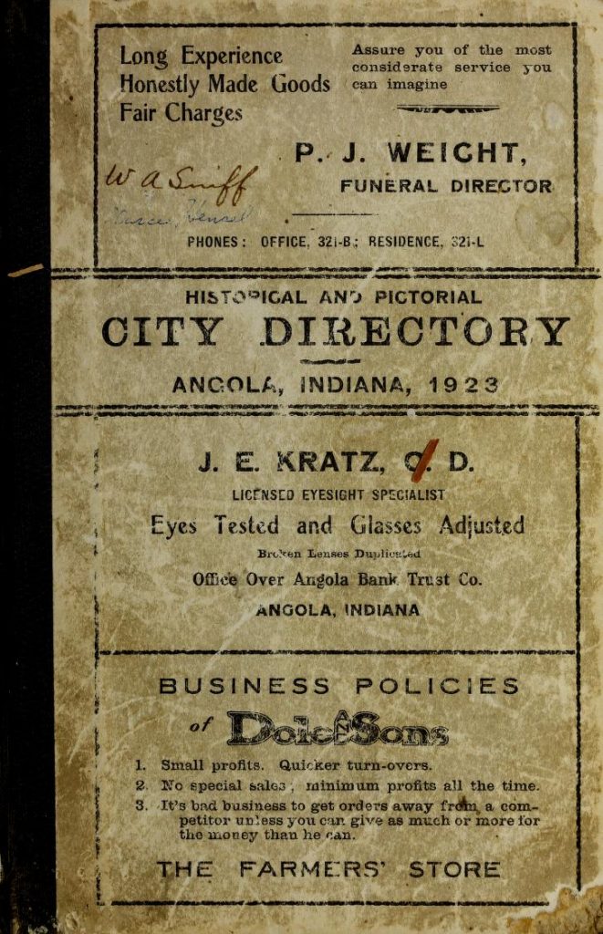 1923 Angola Indiana Directory Book Cover