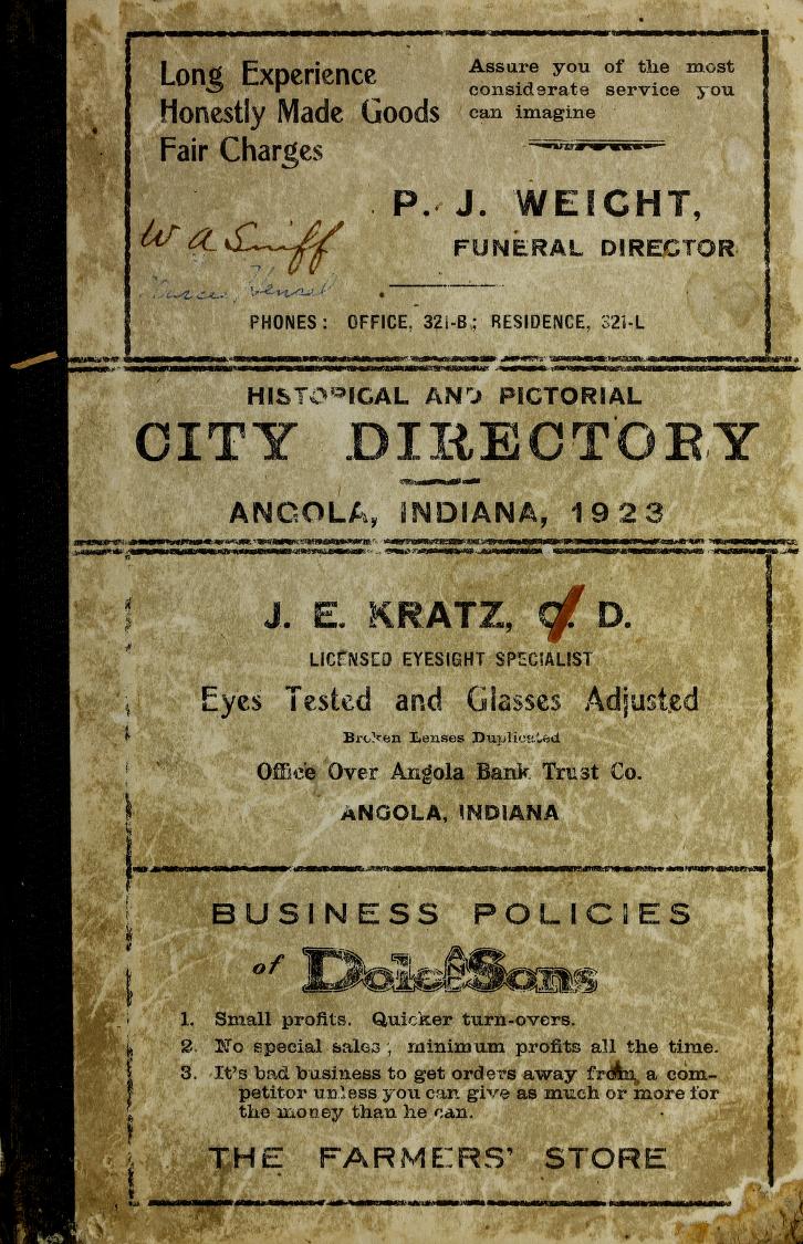 1923 Angola Indiana Directory Book Cover 