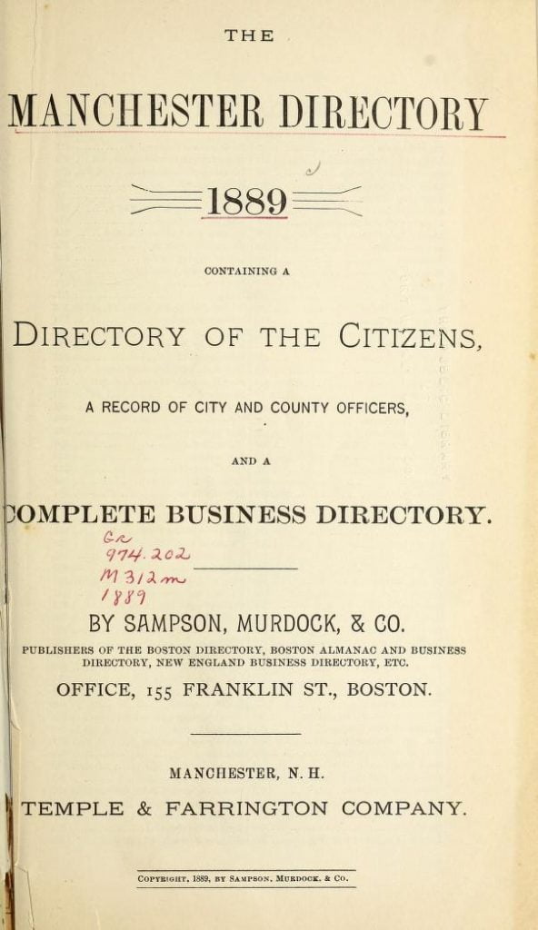 1889 Directory for Manchester New Hampshire
