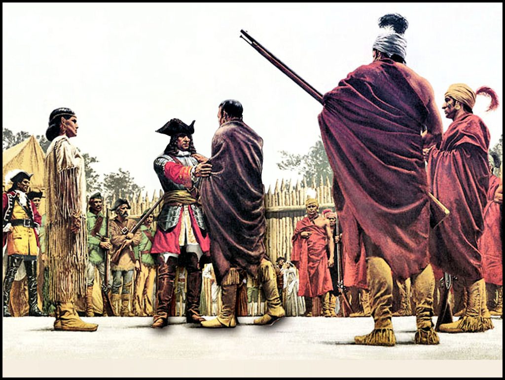 A painting rendering the meeting of Oglethorp, Chikili, and Mary Musgrove.