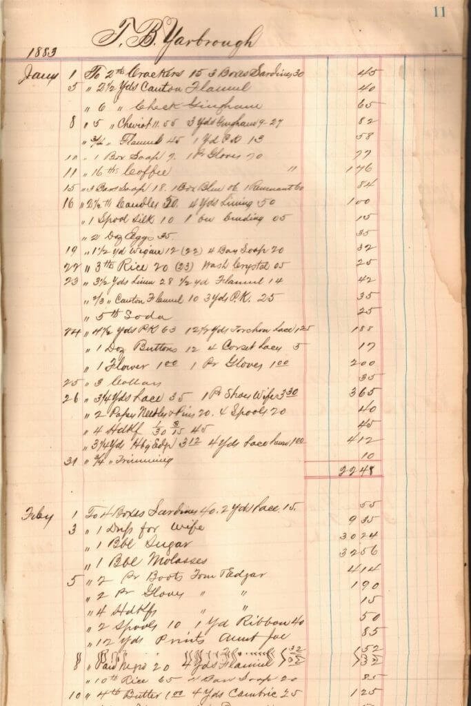 A sample page from volume 1 of Thomas B. Yarbrough's Store Ledger he kept while in Honey Grove, Texas