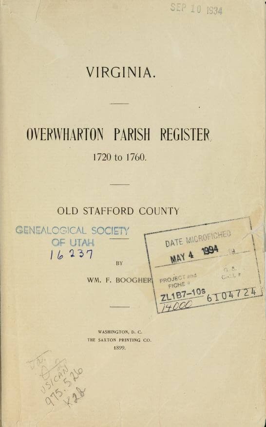 Virginia, Overwharton Parish Register, 1720 to 1760, Old Stafford County
