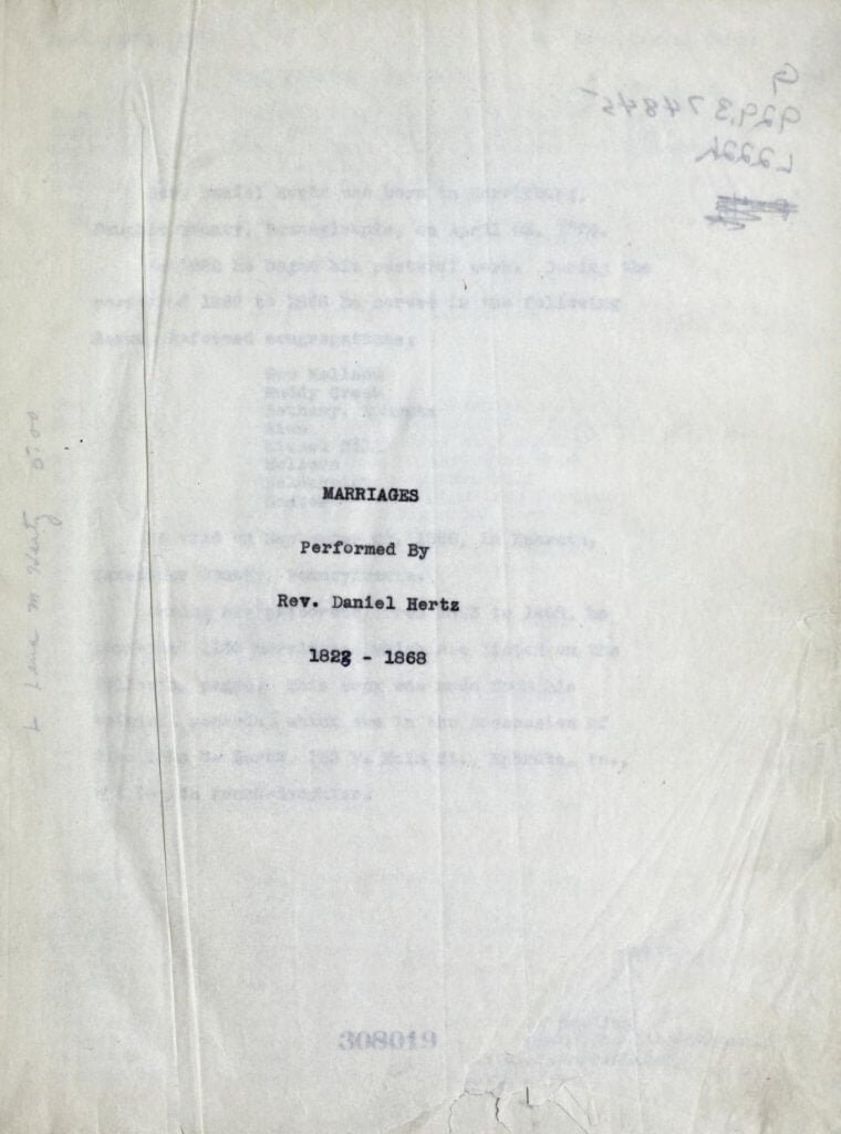 Marriages Performed by Rev Daniel Hertz