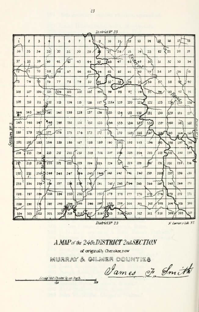 A map of the 24th District 2nd Section of originally Cherokee, now Murray and Gilmer Counties