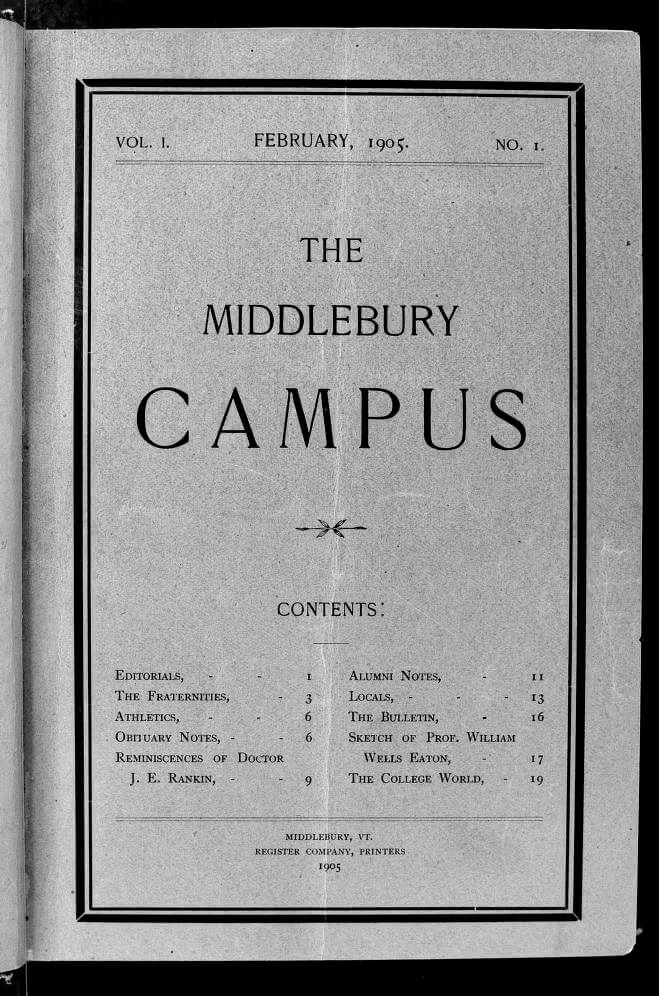1905 Inaugural issue of the Middlebury Campus Newspaper