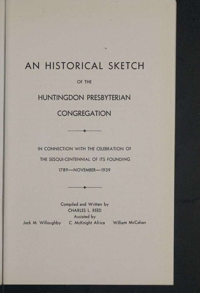 Title page to An historical sketch of the Huntingdon Presbyterian Congregation