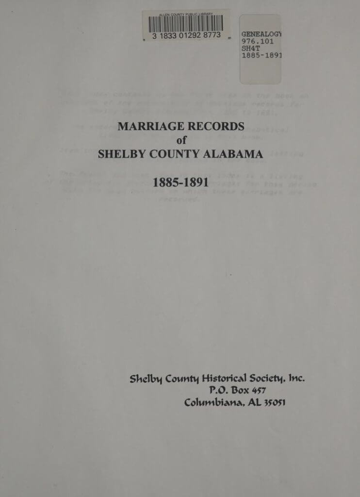 Marriage Records of Shelby County, Alabama