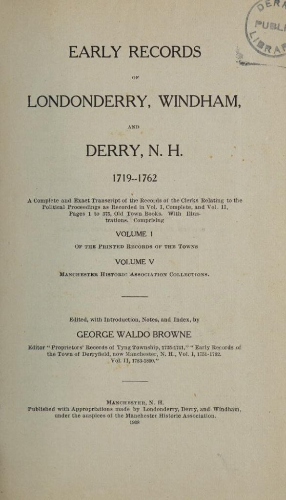 Early Records of Londonderry, Windham, and Derry, N.H. 1719-1762, Vol. 1 title page