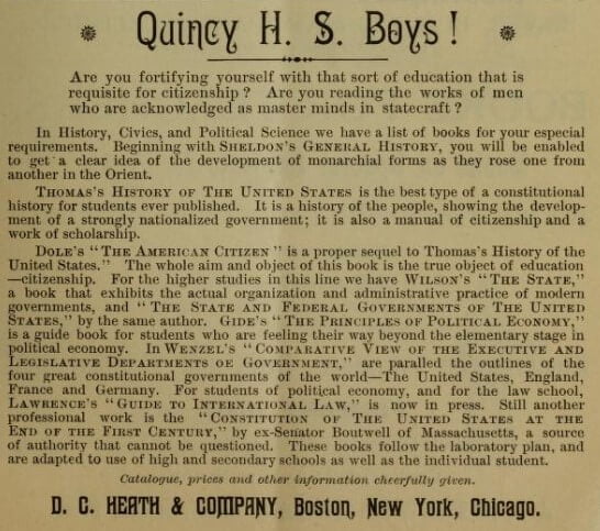 1896 advertisement in the Quincy, MA Golden-Rod journal