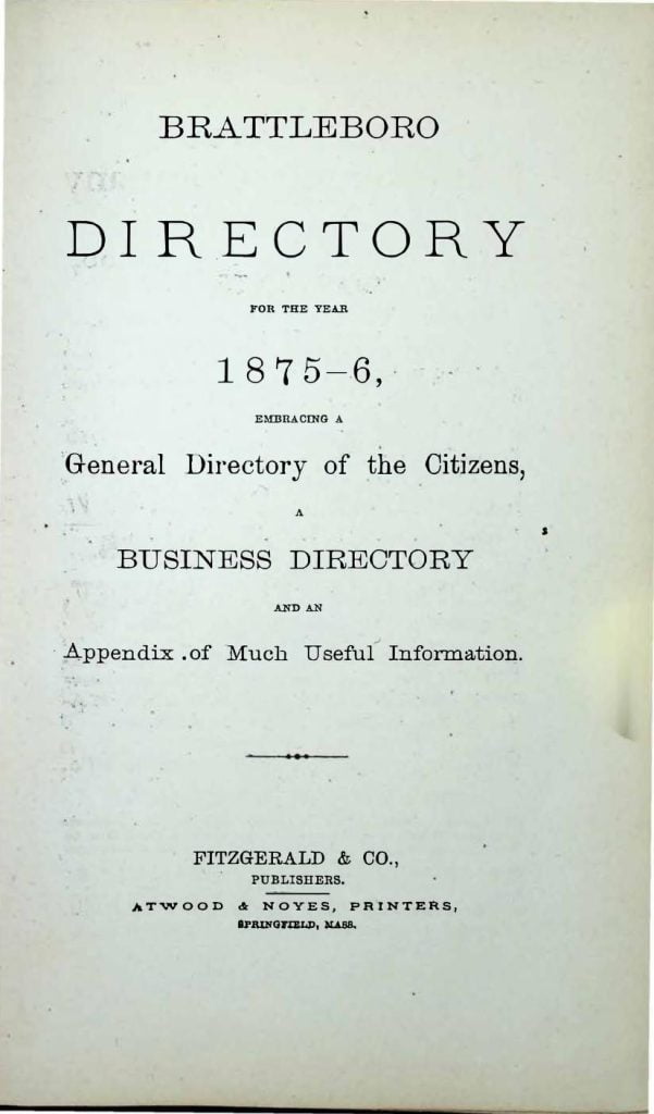 1875-1876 Brattleboro Vermont Directory