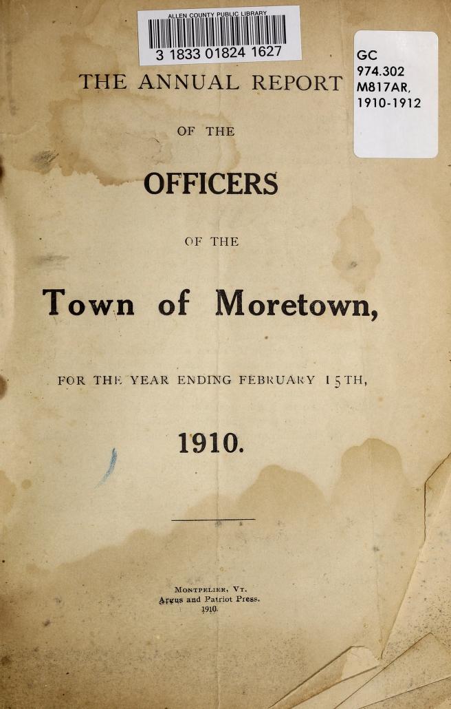 Moretown Vermont Annual Report 1910
