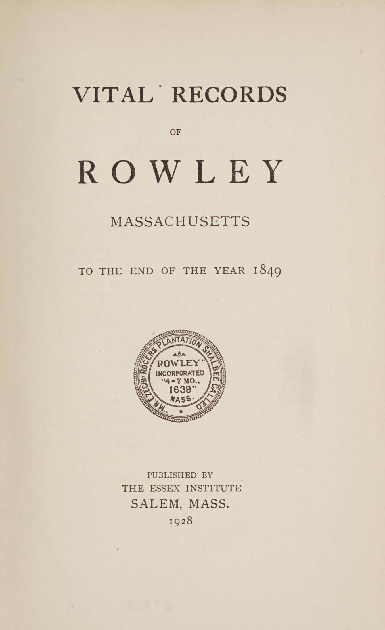 Vital Records of Rowley Massachusetts