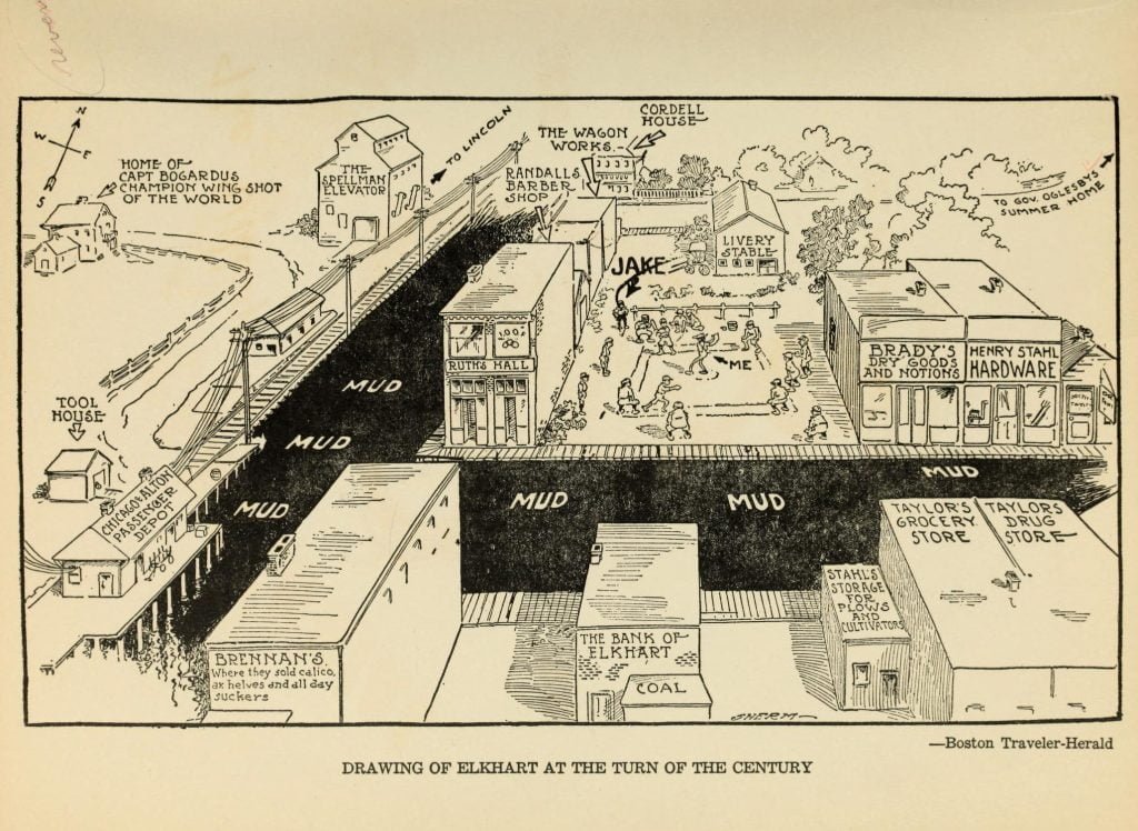 Elkhart Centennial, 1855-1955 2 Drawing of Elkhart at the Turn of the Century