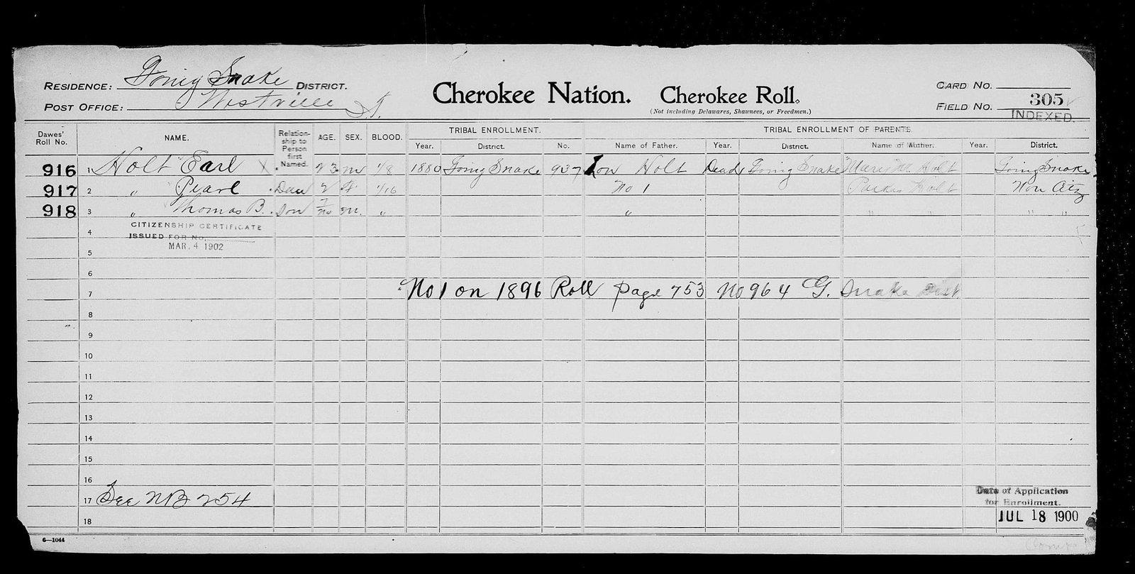 Dawes Card Cherokee by Blood #305