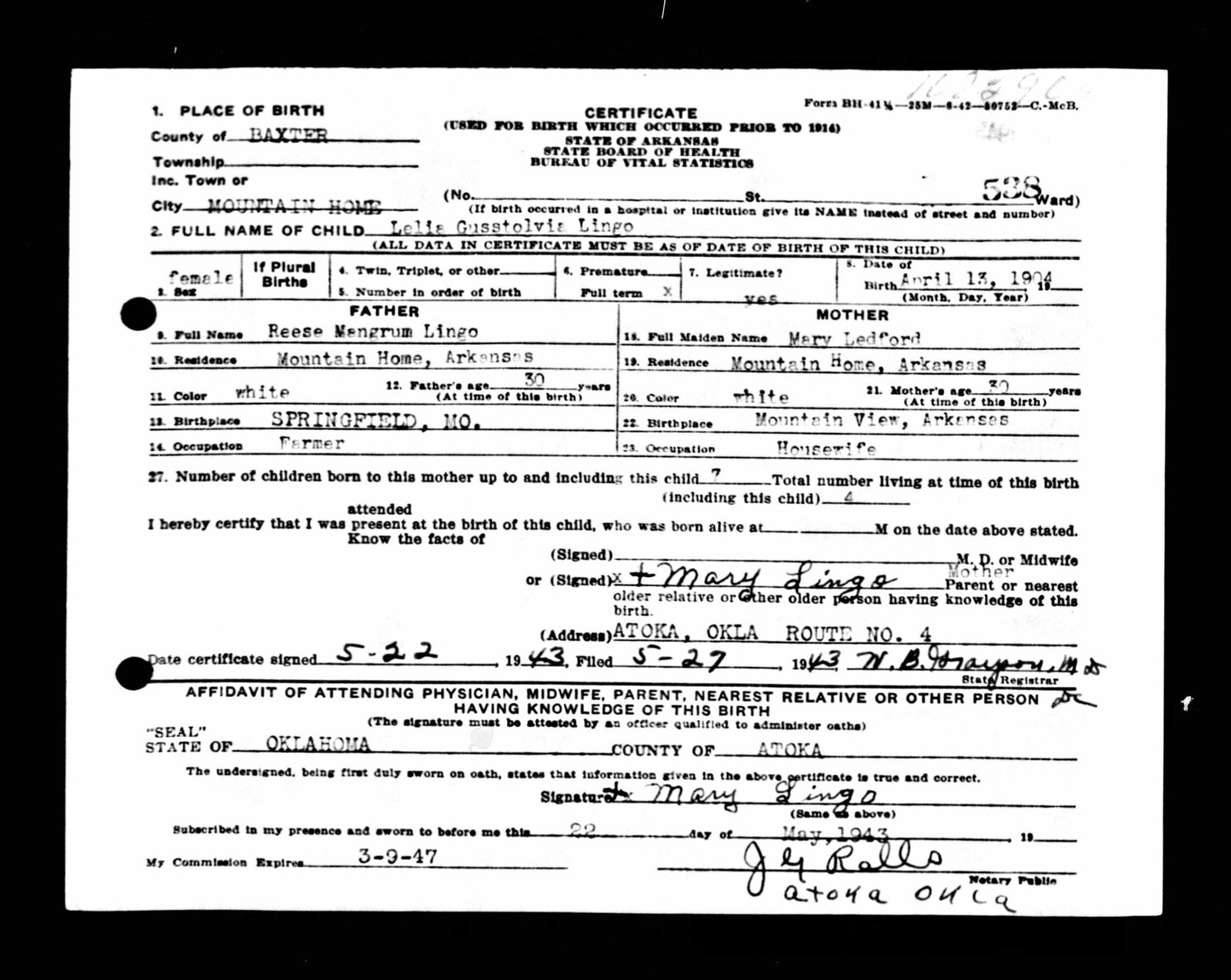 Lelia Gusstolvia Lingo birth certificate