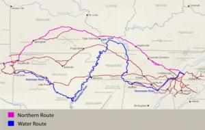 Map of the principal routes taken by Cherokee removal parties in the late 1830s.