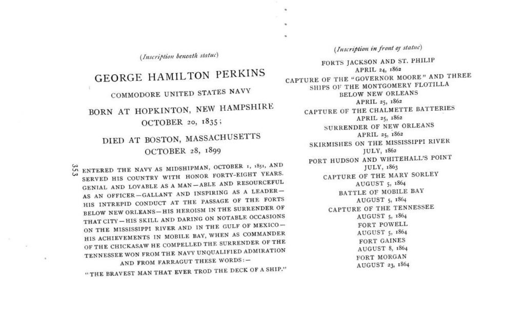 New Hampshire State Builders 45 Commodore George H Perkins Memorial Inscription