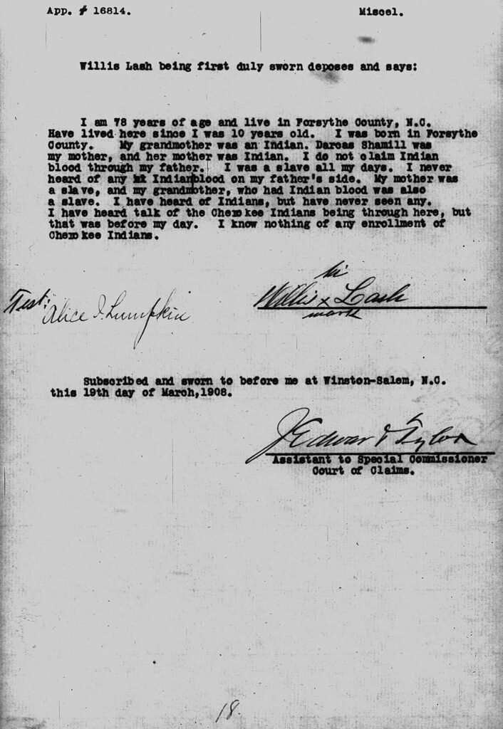 Guion Miller Miscellaneous Testimony, Pages 11–20 8 Guion Miller miscellaneous testimony page 18, Willie Lash