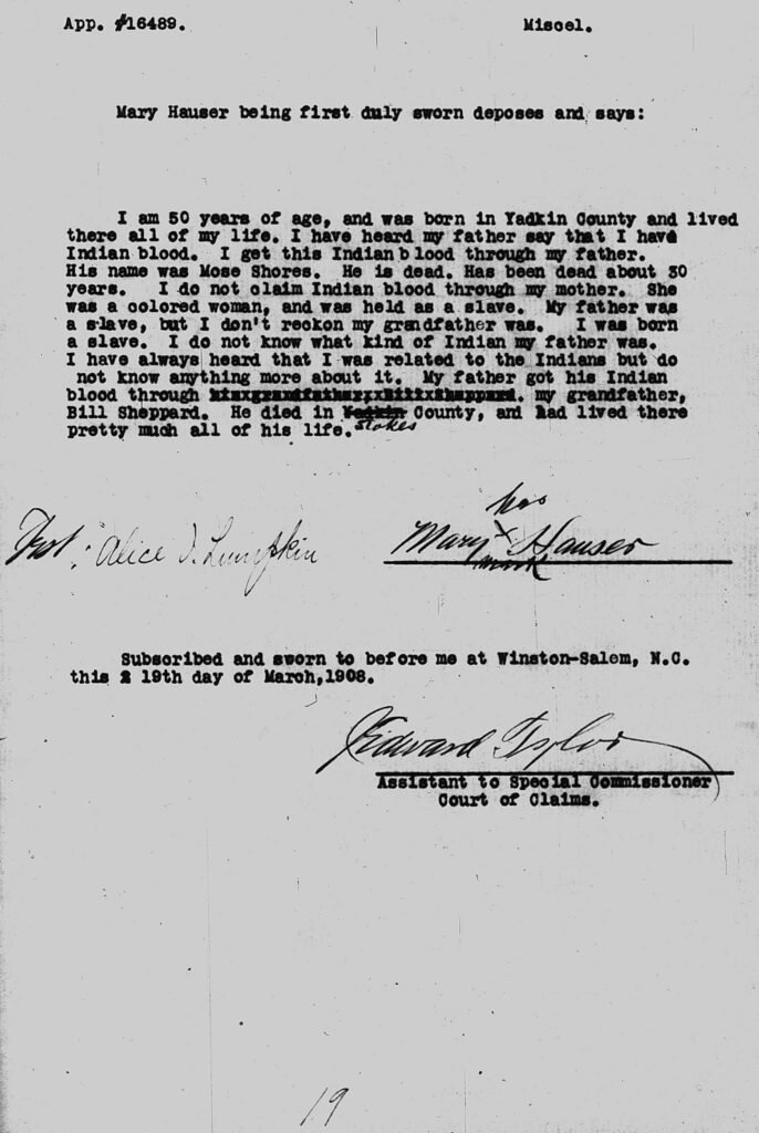 Guion Miller Miscellaneous Testimony, Pages 11–20 9 Guion Miller miscellaneous testimony page 19, Mary Hauser