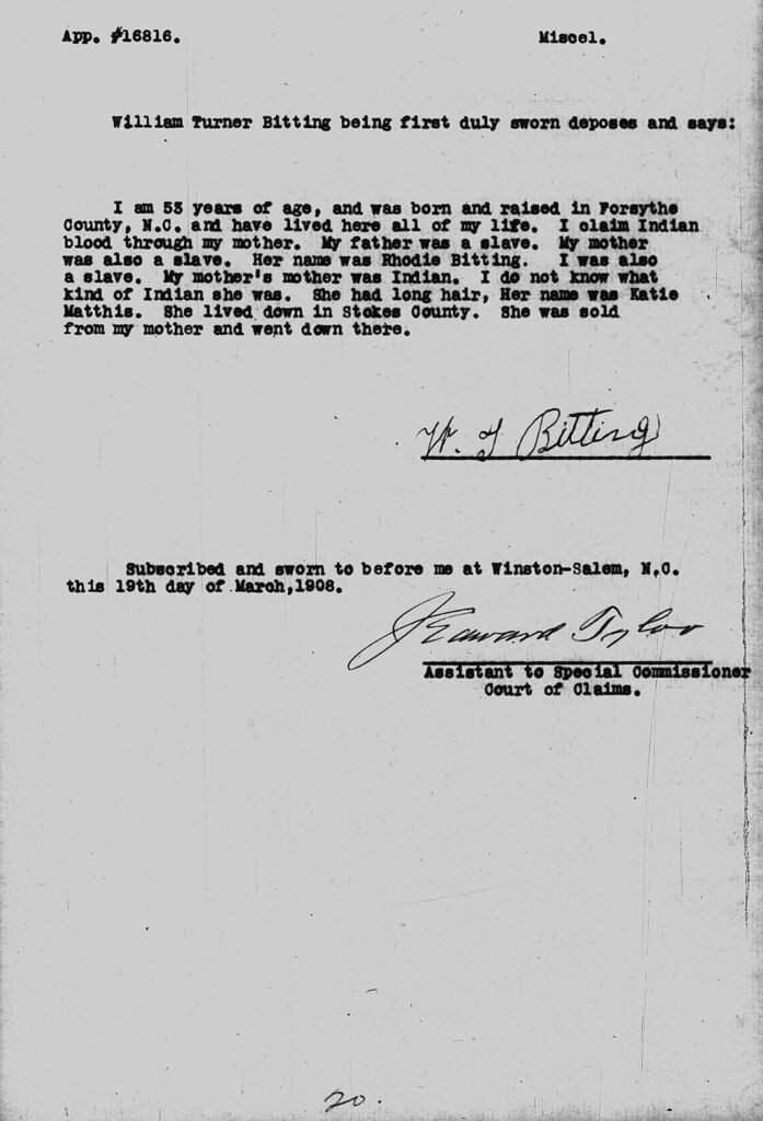 Guion Miller Miscellaneous Testimony, Pages 11–20 10 Guion Miller miscellaneous testimony page 20, William Turner Bitting