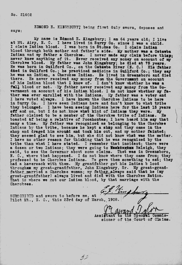 Guion Miller miscellaneous testimony page 32, Edmond E. Kingsbury
