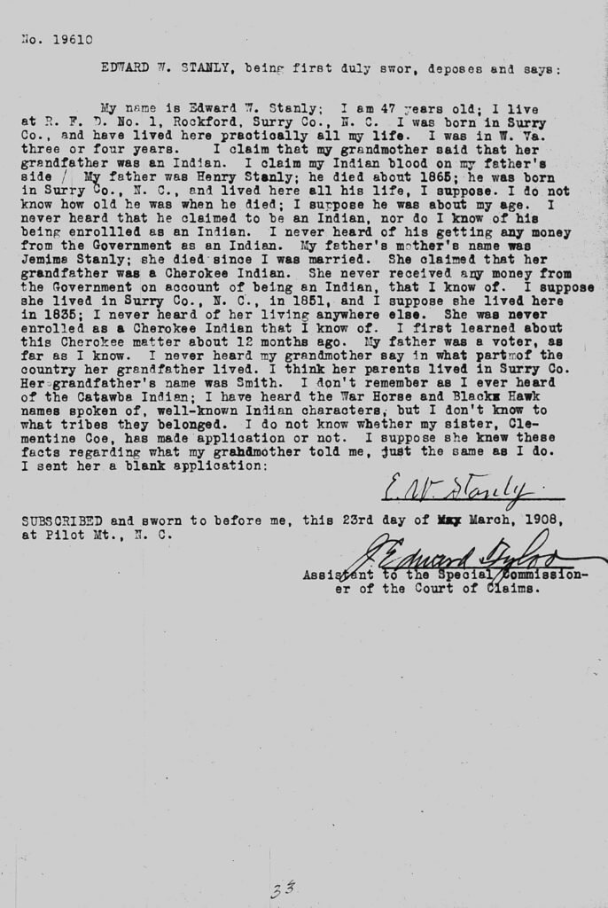 Guion Miller miscellaneous testimony page 33, Edward W. Stanly