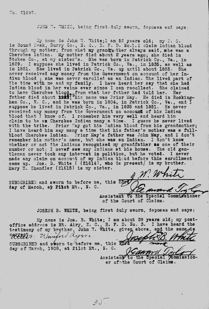 Guion Miller miscellaneous testimony page 35, John W. White and Joseph B. White