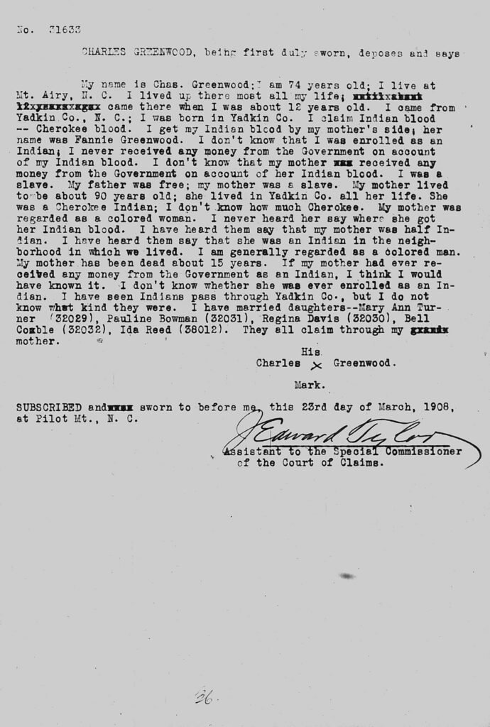 Guion Miller miscellaneous testimony page 36, Charles Greenwood