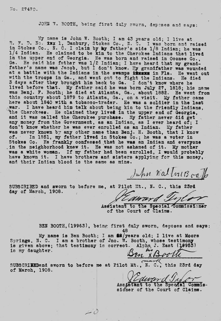 Guion Miller miscellaneous testimony page 40, John W. Booth and Ben Booth