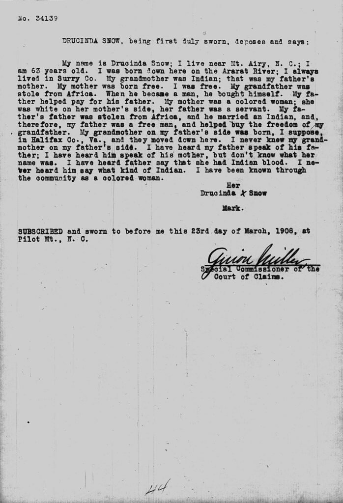 Guion Miller Miscellaneous Testimony, Pages 41-50 4 Guion Miller miscellaneous testimony page 44, Drucinda Snow
