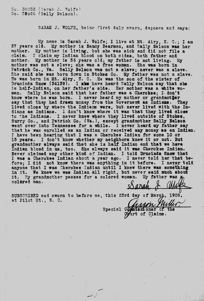 Guion Miller Miscellaneous Testimony, Pages 41-50 5 Guion Miller miscellaneous testimony page 45, Sarah J. Wolfe