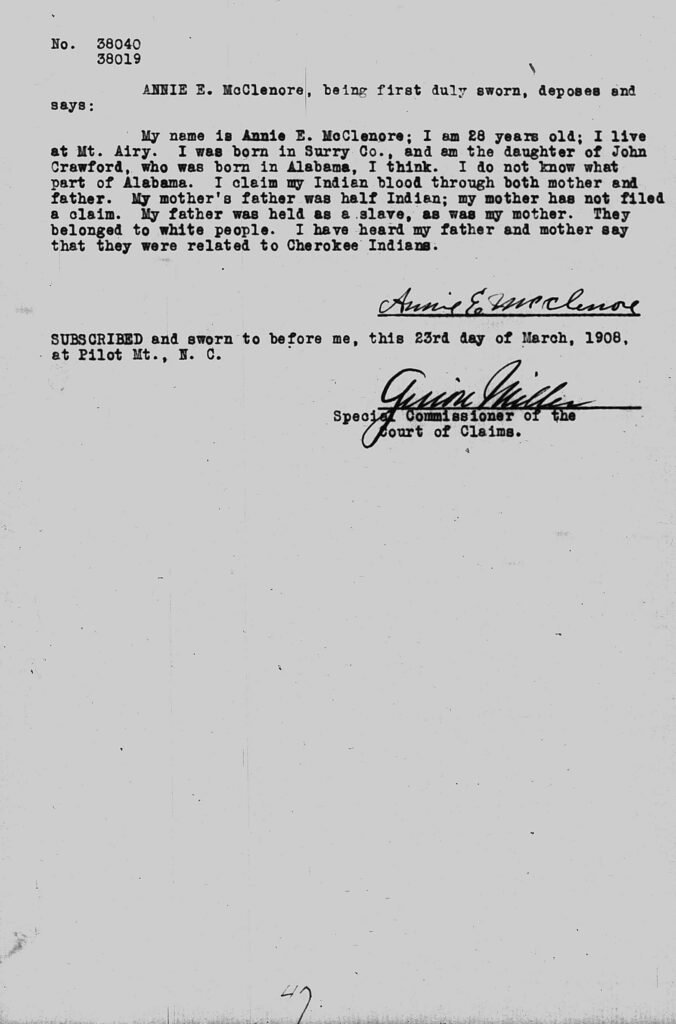 Guion Miller Miscellaneous Testimony, Pages 41-50 7 Guion Miller miscellaneous testimony page 47, Annie E. McClenore